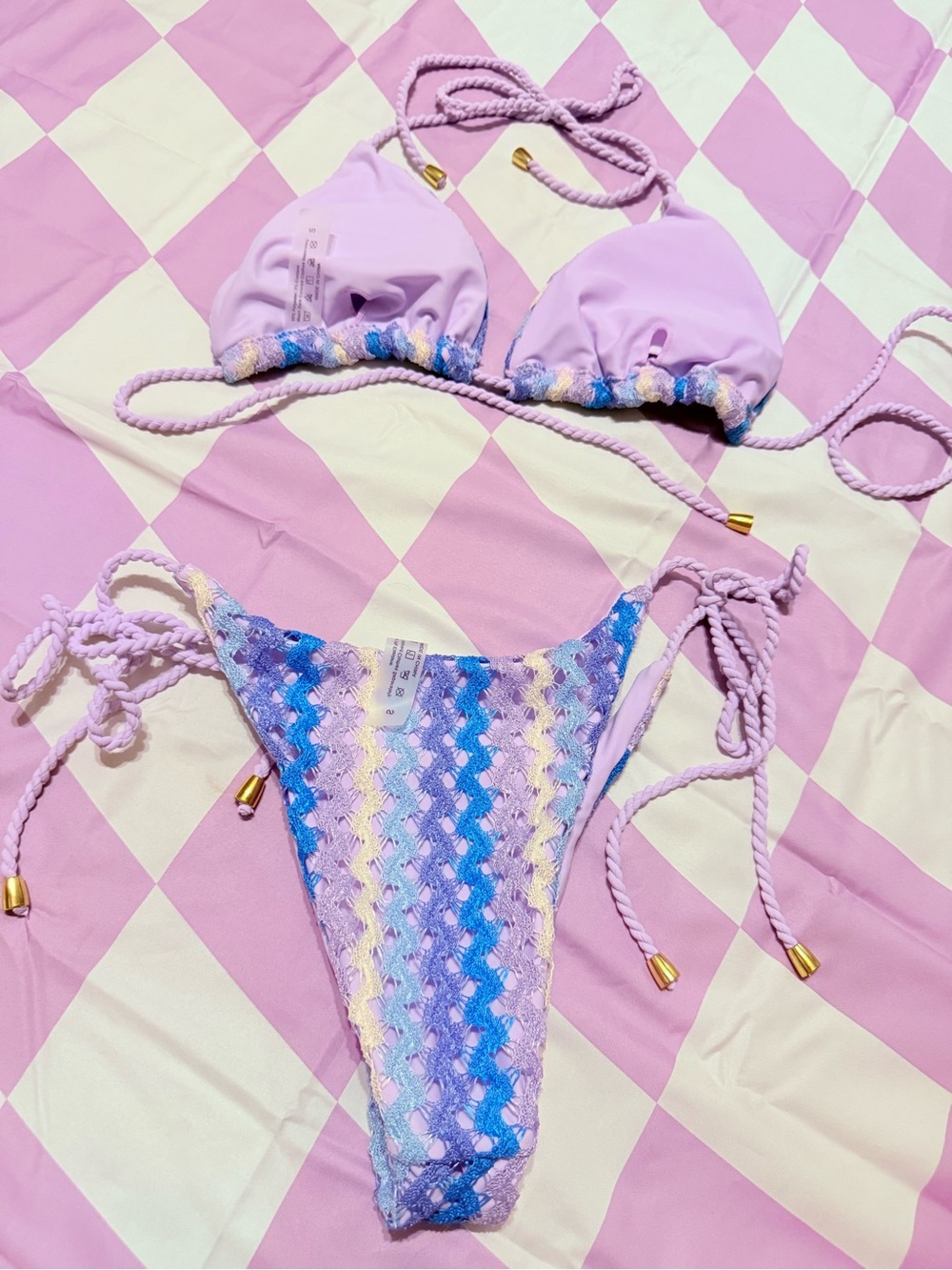 Lavender Multicolor Zigzag Crochet Bikini Set Size Small - Picture 3 of 9